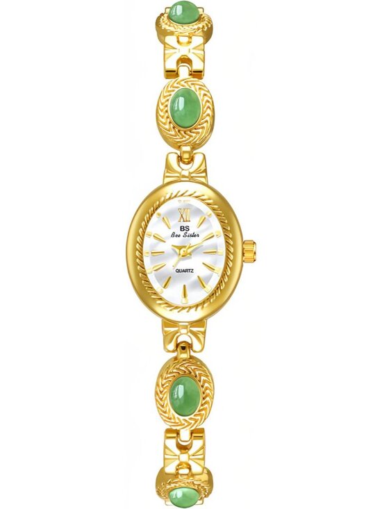 Women\'s Gold White Vintage Bracelet Elegant Jade Oval Dial Fashion Wrist Watch main image 4